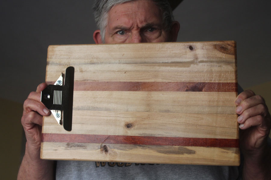 Lutefisk Woodworking Loren showing off clipboard